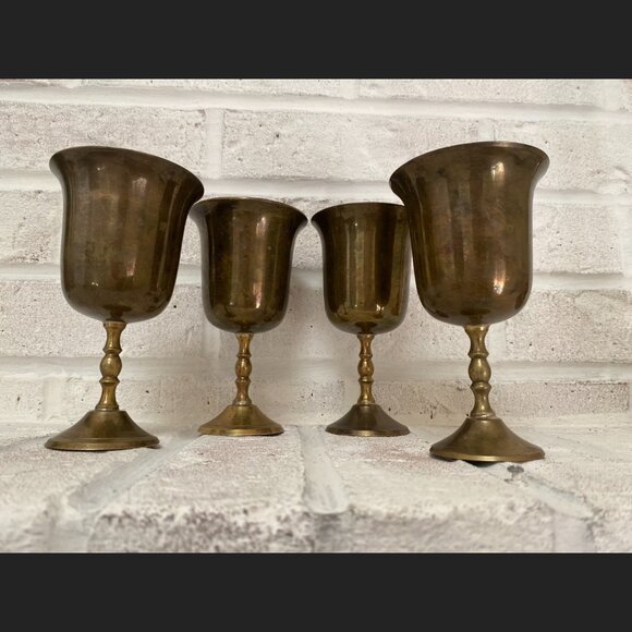 Brass Wine Goblets - Set of 4 - Vintage - Made in India - 5" Tall - Picture 3 of 9